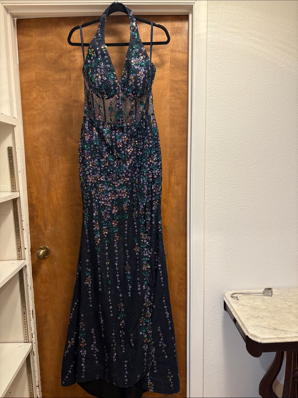 609. Jovani Navy Halter-Sequin Evening Gown with Green & Purple Accents - Picture 2 of 3
